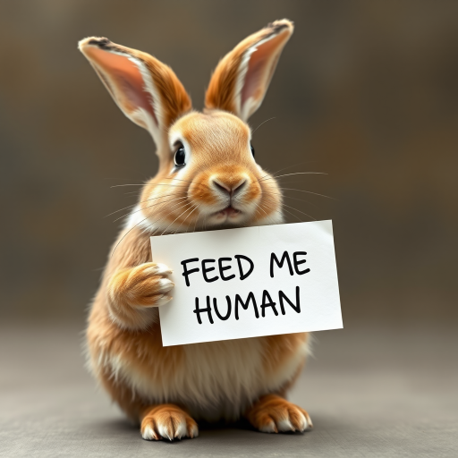 rabbit holding a note which says "FEED ME HUMAN"