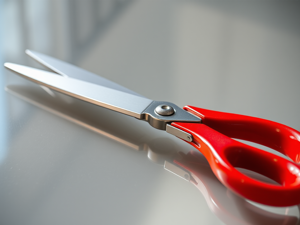 Create a high-resolution image of a pair of red and silver scissors on a transparent background, shot with a DSLR camera at f/2.8, shutter speed 1/125 sec, ISO 100, in macro view, using natural light to enhance details.