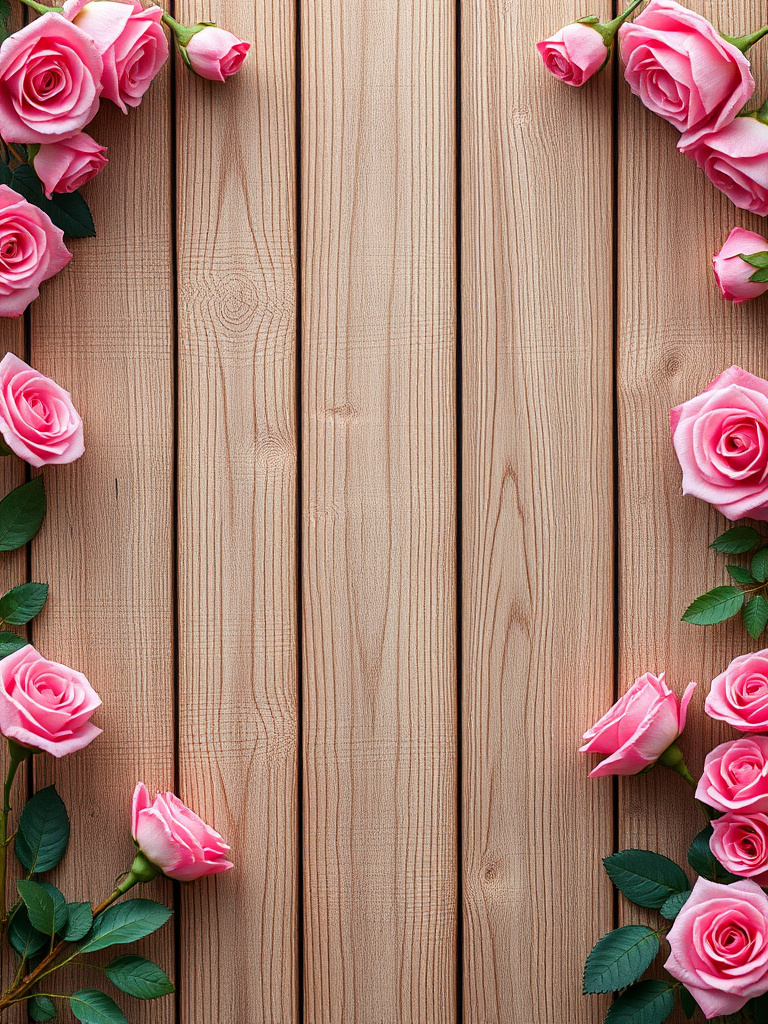 regenerate image of a wooden background with pink rose borders, high-resolution, captured with a DSLR camera, using a 50mm lens, aperture f/2.8, ISO 100, taking a straight-on view with soft natural lighting