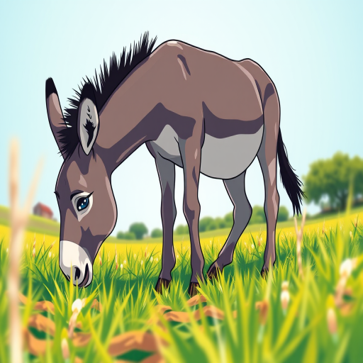 Create a high-resolution vector illustration of a stylized donkey grazing, using a 50mm lens at f/2.8 for a shallow depth of field, shot from a low angle to enhance perspective, with vibrant colors and smooth gradients to improve visual appeal.