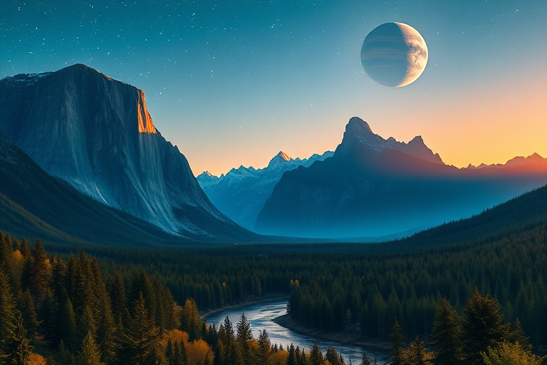 generate a high-resolution fantasy landscape featuring towering mountains with sharp peaks under a starry sky with multiple planets visible, a winding river flowing through a lush forest in the foreground, using a DSLR camera with settings of f/8 aperture, ISO 100, 24mm lens, shot at sunrise for optimal lighting and vibrant colors