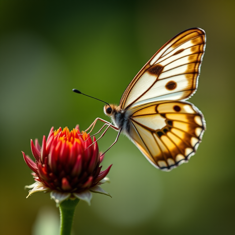 A close-up shot of a butterfly perched on a flower bud, with a soft bokeh background, taken with a Canon EOS 5D Mark IV, 100mm f/2.8 macro lens, f/2.8 aperture, ISO 100, shutter speed 1/200 sec, natural lighting for enhanced detail and clarity.