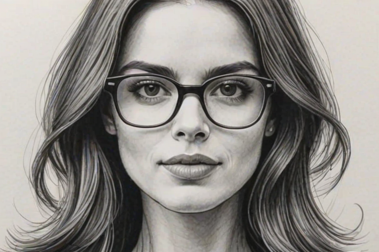 Enticing Sophie Winkleman, pencil sketch, portrait of Stunning woman 1967s in glasses, hair style beatnik, outline, clear lines, fine lines, 8k