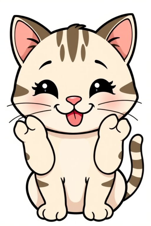 Cute cartoon cat with a happy expression hands on cheeks tongue out simple lines white background