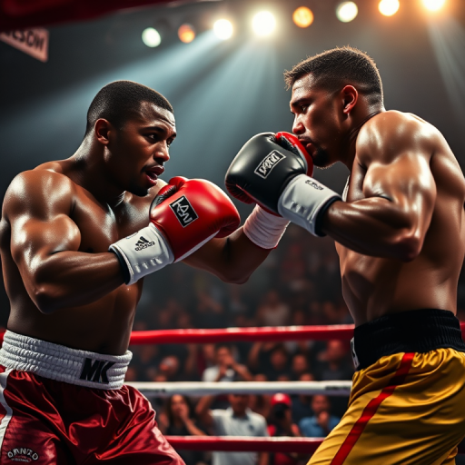 two fighters in a dynamic boxing match, dramatic lighting with a blurred crowd in the background, high shutter speed 1/1000s, aperture f/2.8, ISO 400, 50mm lens, shot from a low angle to emphasize action and intensity, DSLR camera