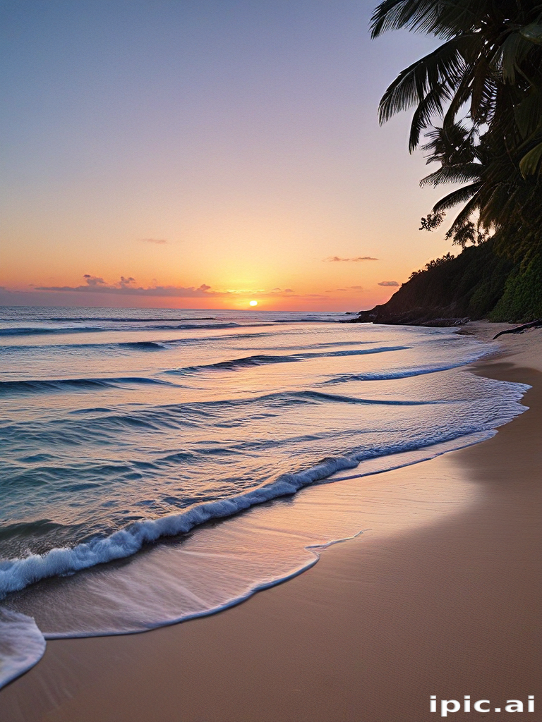 Serene Tropical Beach at Sunset with Gentle Waves and Palm Trees