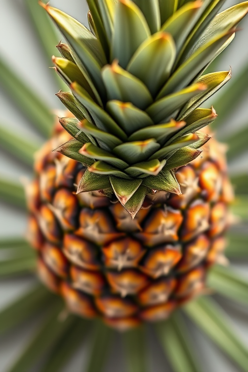 Create a high-resolution image of a pineapple with a soft focus effect, taken with a DSLR camera at f/4 aperture, 50mm lens, ISO 200, in natural light from a top-down angle.