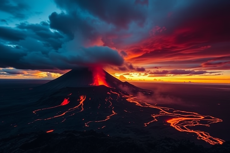 Generate a dramatic landscape of a volcanic eruption at dusk, capturing fiery lava flows and dark, ominous storm clouds above, using a DSLR camera with a 24mm wide-angle lens, f/8 aperture, ISO 200, and a shutter speed of 1/125 sec, in a high dynamic range style.