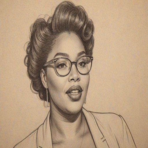 Fetching Lizzo, pencil sketch, portrait of Resplendent woman 1951s in glasses, hair style beatnik, outline, clear lines, fine lines, 8k
