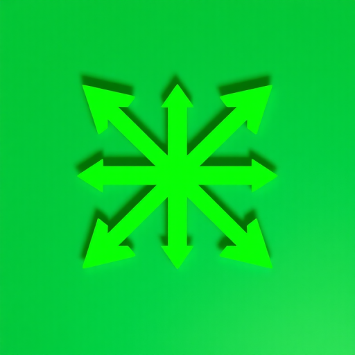 Generate a high-resolution image of a four directional arrow symbol in bright green, using a DSLR camera at f/8 aperture, ISO 100, with a 50mm lens, captured from a top-down view in a flat lay style.