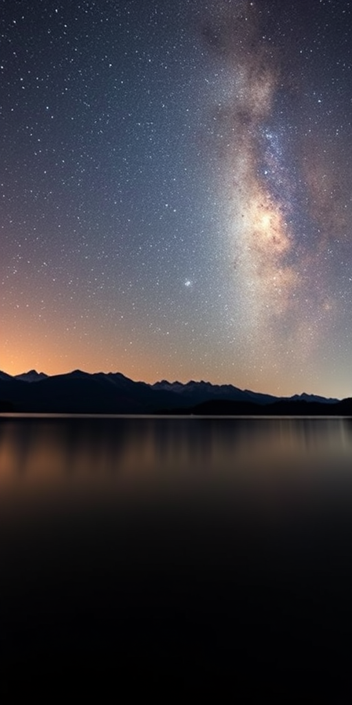 Capture a night sky scene over a calm lake with the Milky Way clearly visible above mountains in the background, using a Canon EOS R5 camera, 24mm focal length, f/2.8 aperture, ISO 1600, 20-second exposure, wide-angle view for enhanced depth, long exposure technique to accentuate star trails and reflections on the water.