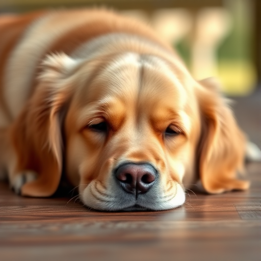 Create a high-resolution image of a sad golden retriever resting its head on a wooden surface, with soft bokeh background, using a DSLR camera, aperture f/2.8, shutter speed 1/200s, ISO 100, in portrait orientation, capturing natural light for a warm palette.