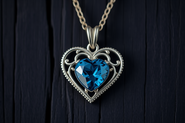 Capture a close-up shot of an intricately designed heart-shaped pendant featuring a blue stone, set against a dark wooden background, using a DSLR camera with an aperture of f/2.8, shutter speed of 1/125s, ISO 100, in natural light to enhance the details and colors, with a shallow depth of field to create a soft bokeh effect.
