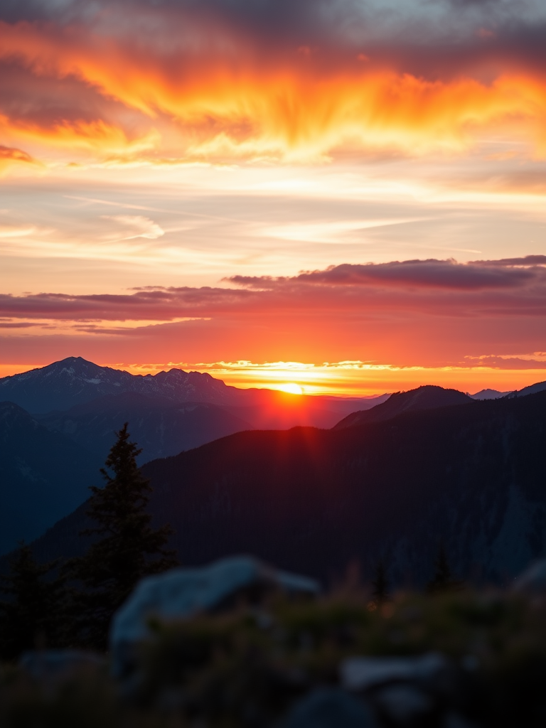 Create a detailed image of a scenic mountain landscape at sunrise, focus on vibrant colors and clarity, 24mm lens, aperture f/8, ISO 100, shutter speed 1/125s, taken with a DSLR camera from a low angle to emphasize the foreground elements.