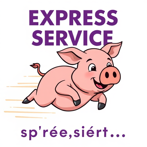 Create an image of a cartoon pig running swiftly with exaggerated motion lines behind it, incorporating the text "EXPRESS SERVICE" in bold modern font above and "s p r e s s i e r t ..." in a playful font below, using a DSLR camera with a 50mm lens, aperture f/2.8, ISO 100, and a bright, colorful background to enhance the clarity and vibrancy of the scene.
