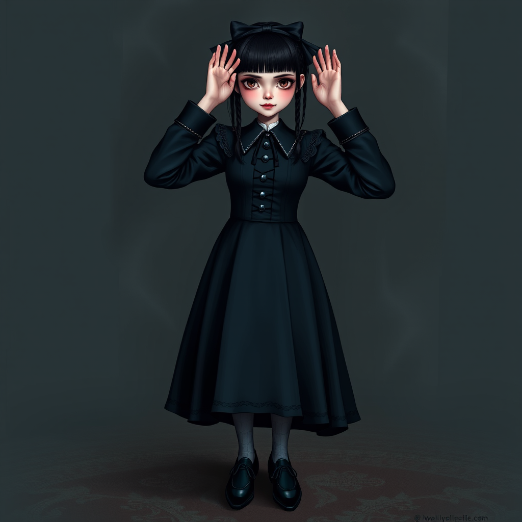 Digital art, full height portrait of Wednesday Addams, standing up with her hands in the air as if in a hold-up. Her dark, gothic attire replaces Alice’s classic blue dress, and she wears black shoes instead of blue. A small, neat black bow adorns her hair, capturing her signature style. The overall composition maintains a whimsical yet eerie tone, similar to Alice in Wonderland, while showcasing Wednesday’s iconic gothic charm.