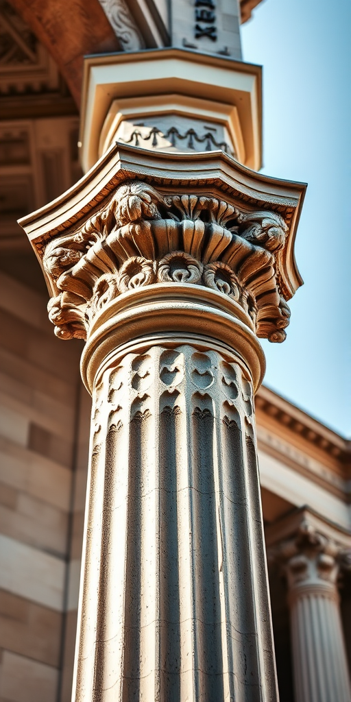 Create a high-resolution image of an ornate Corinthian column with a detailed capital and base, using a DSLR camera with a 50mm lens, aperture set to f/2.8 for a shallow depth of field, captured in soft natural lighting at a 45-degree angle to enhance textures and shadows.