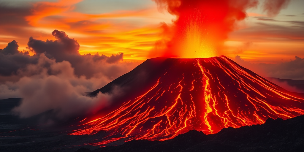 Create a high-resolution image of an erupting volcano at sunset with vibrant lava flow and smoke, captured using a DSLR camera, settings: ISO 100, f/8, 1/125s, wide-angle lens, shot from a low angle for dramatic effect.