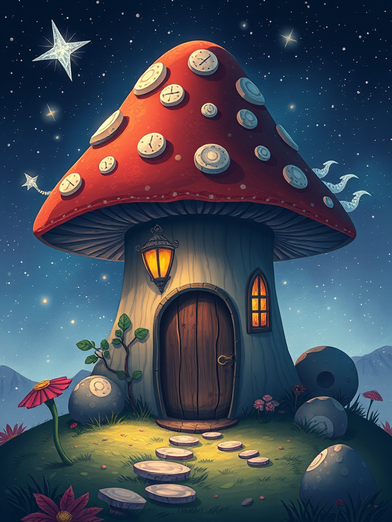 generate illustration of a mushroom house with a door and a window, a storybook , fantasy art, mushroom house, bg starry sky, sparkles