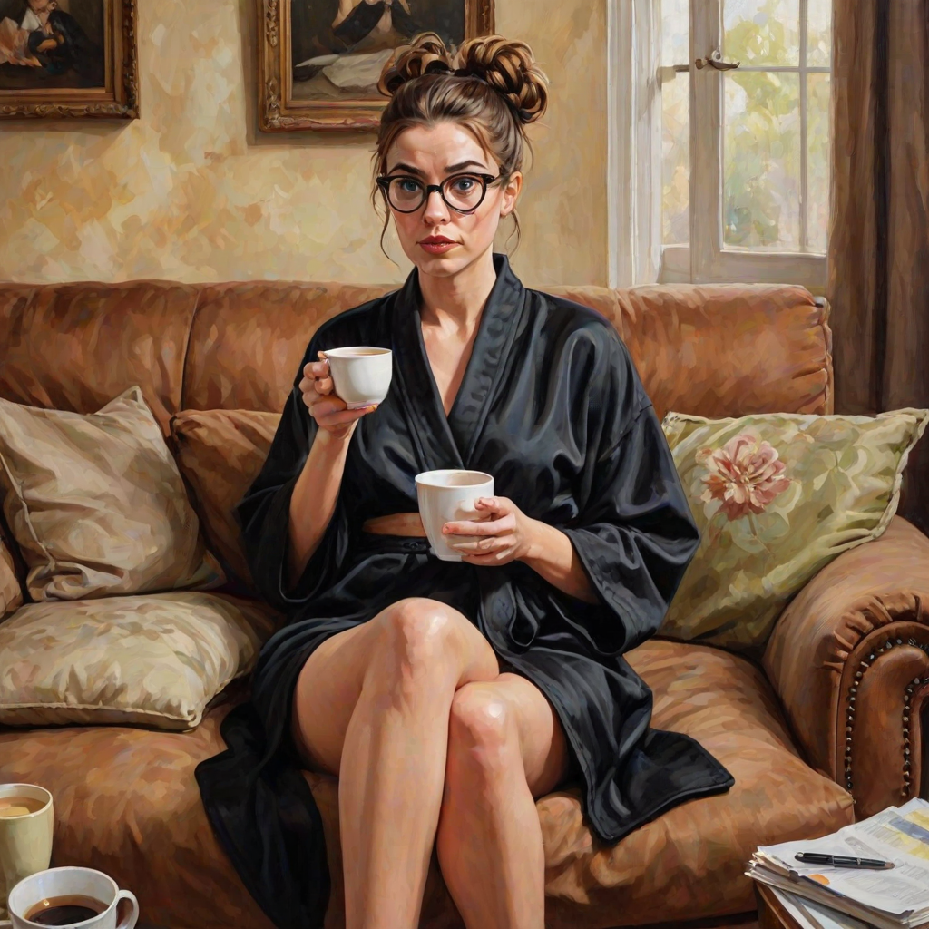 The words ‘Professional Overthinker’ (exact spelling) An exaggerated whimsical illustration of a cute silly lady with unruly messy brown bun and black glasses pouty lips and a thinking expression. Shes sitting on the couch, legs folded wearing a black silk robe, black fuzzy slippers. She’s holding her coffee cup and making a deep-in-thought face.  A quirky scruffy cat (dog) looking at her against a mottled, oil painting style soft background living room setting.