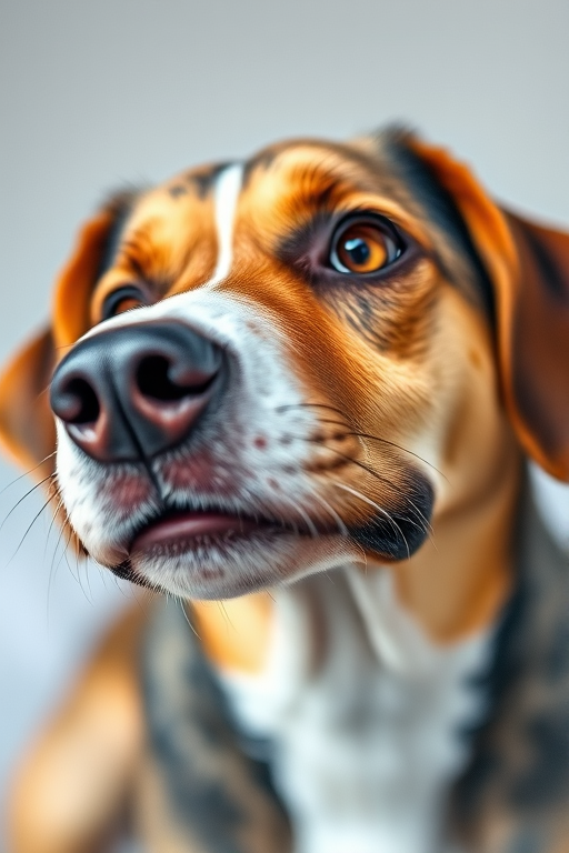 Create a high-resolution watercolor portrait of a dog with a focused expression, using a 50mm lens, f/2.8 aperture, 1/250 sec shutter speed, ISO 100, shot from eye level to capture a soft bokeh background, emphasizing the dog's features and colors.