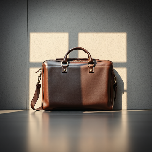 Create a high-resolution image of a stylish briefcase placed on a flat surface with soft natural lighting, shot with a 50mm lens at f/2.8 for a shallow depth of field, using a DSLR camera from a top-down view to emphasize texture and details.