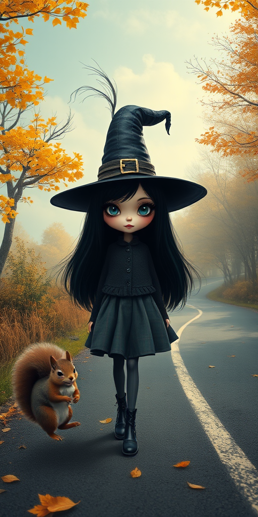 digital art fantasy depicting a strange girl with black hair, long eyelashes, blue lipstick and a tall hat walking along a winding road on an autumn afternoon, an Squirrel smiles as she passes