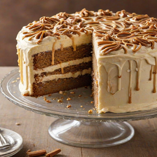 Create a delicious-looking cake with a smooth cream cheese frosting decorated with swirls on top. The cake should have a rich caramel drizzle and a crunchy nut crust around the bottom. The setting should be bright and inviting, emphasizing the cake's textures and colors.
