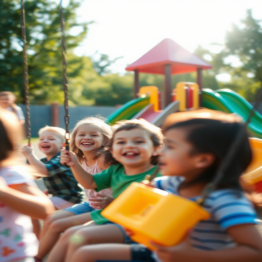 Blurry candid shot of a group of children laughing and playing in a playground, swings in motion, colorful slides gleaming in the sun, and a joyful atmosphere.