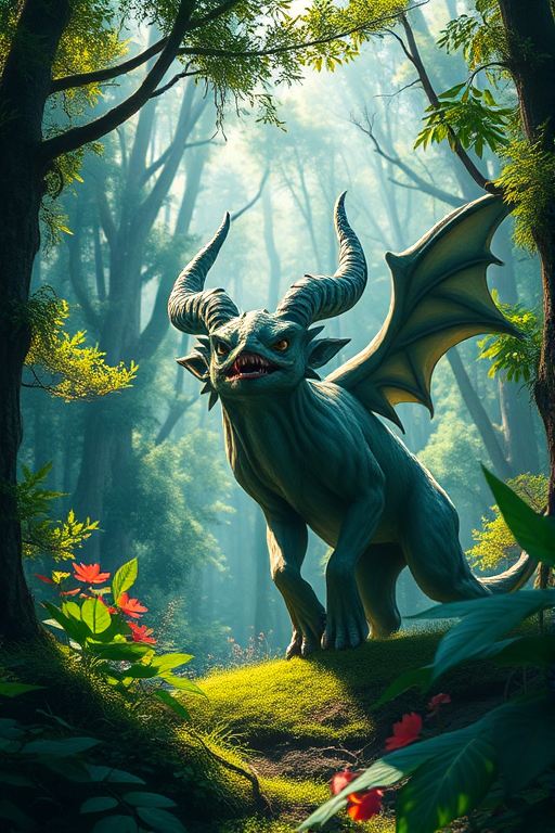 Create a high-resolution digital illustration of a mythical creature in a lush forest, using a Canon EOS R5 with a 50mm lens at f/1.8, ISO 100, 1/200 sec, soft natural lighting, ultra-detailed texture, and vibrant colors.
