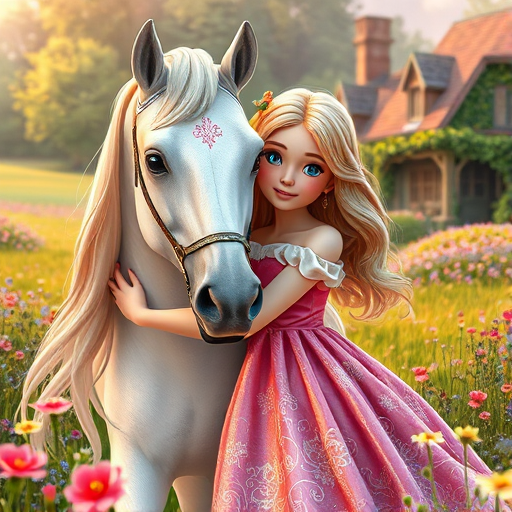 A highly detailed 3D storybook illustration of a whimsical scene where a charming girl with sparkling, wide blue eyes and cascading golden locks is lovingly embracing a majestic white horse. The horse, adorned with intricate, ethereal markings, exudes an aura of magical elegance. The girl is dressed in a luxurious pink velvet gown, intricately embroidered with floral patterns that shimmer subtly in the light. The duo is set against a vibrant, enchanted meadow overflowing with vividly colored flowers and lush greenery, their surroundings pulsating with life and gentle magic. In the background, a quaint, ivy-clad farmhouse peeks through, blending seamlessly into the serene, dreamlike landscape. The entire scene is bathed in a warm, golden light, evoking a sense of peace and timeless beauty.