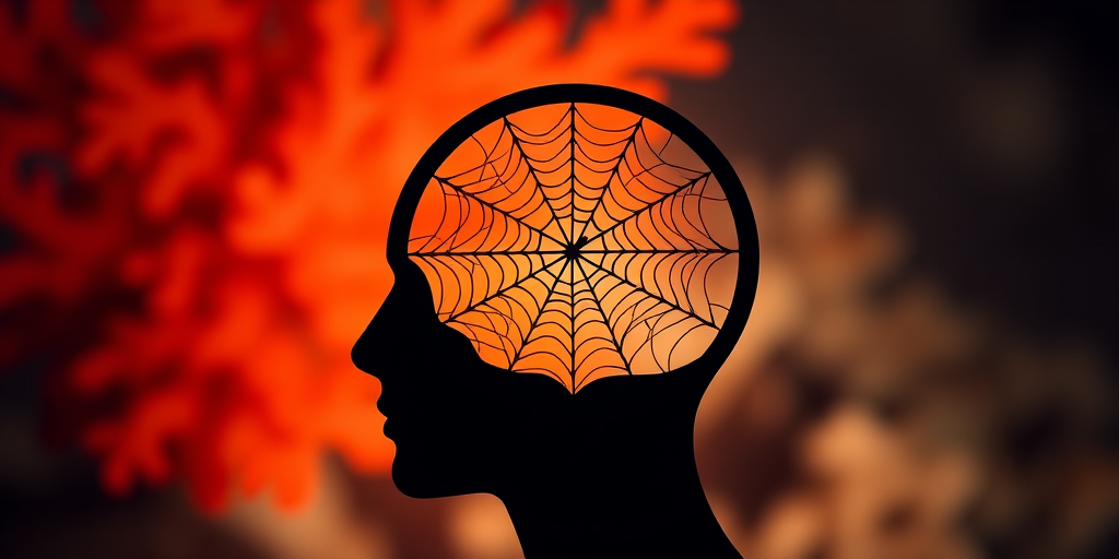 Create a high-resolution image of a silhouette of a human head with a geometric web pattern inside, set against a coral background, using a Canon EOS R5 camera with a 50mm lens, aperture f/1.8, ISO 100, and a soft focus style to enhance image quality.