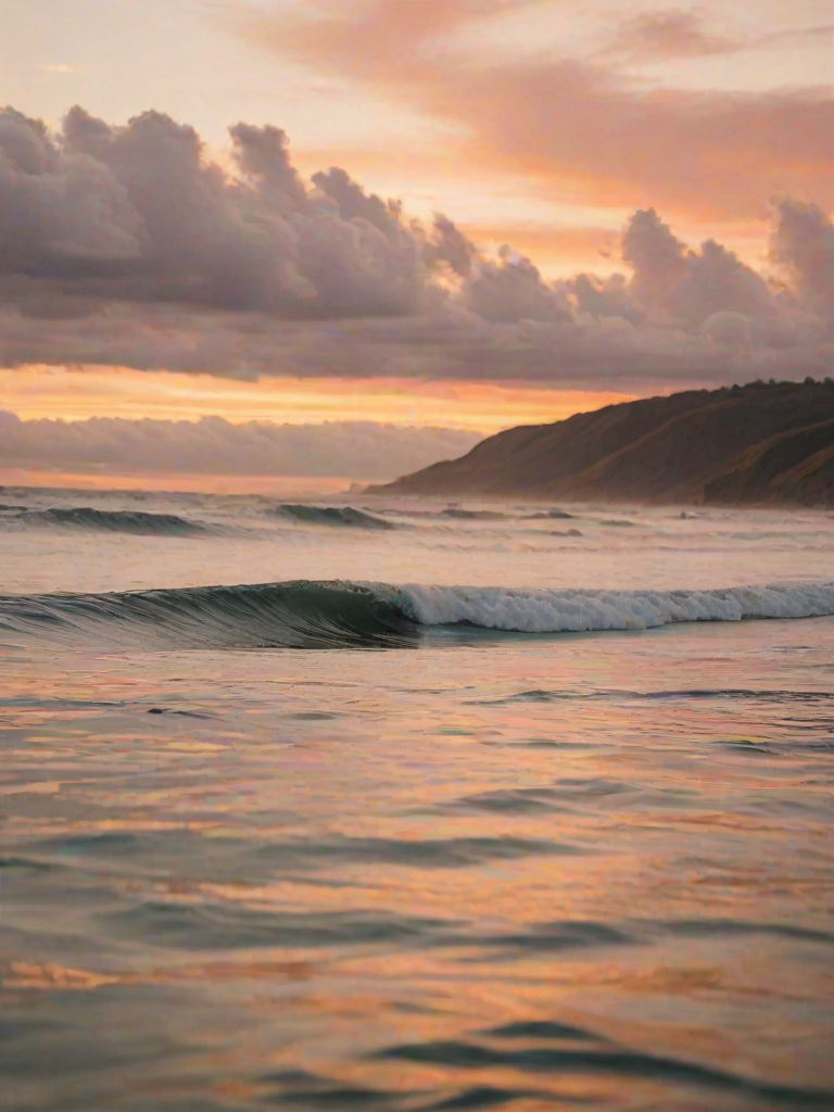 Blurry action shot of a surfer paddling out towards an oncoming wave at sunset, soft golden light illuminating the water's surface, with distant clouds painted in orange and pink hues.