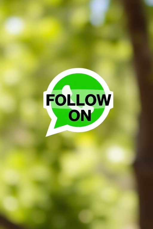 Create an image featuring a green WhatsApp logo with a speech bubble and the text "FOLLOW ON," using a DSLR camera at f/2.8 aperture, 50mm focal length, ISO 200, and shot in a bright, natural light setting.