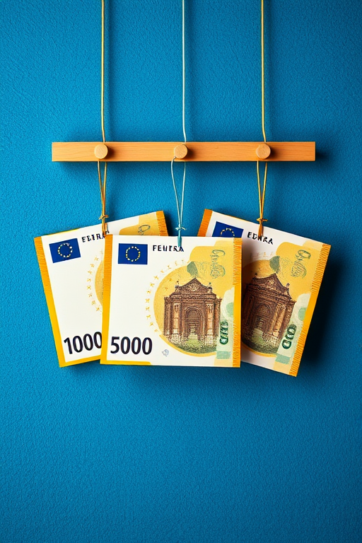 Create a high-resolution image of three euro banknotes artfully displayed on hangers against a textured blue background, shot with a DSLR camera at f/4, ISO 200, 50mm lens, with soft lighting to enhance the colors and details.
