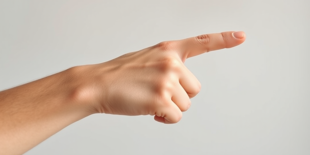 Regenerate a high-resolution image of a human hand pointing to the right, using a DSLR camera with a 50mm lens, aperture f/2.8, ISO 100, natural lighting, and a shallow depth of field for a soft background.