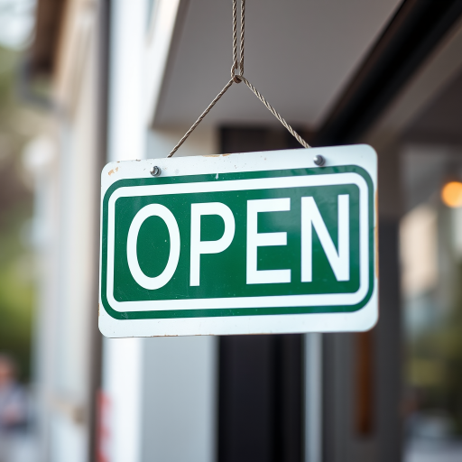Create an image of a hanging "OPEN" sign with a green and white design, shallow depth of field, focus on the sign with a blurred background, shot with a 50mm lens, f/1.8 aperture, ISO 200, and natural lighting.