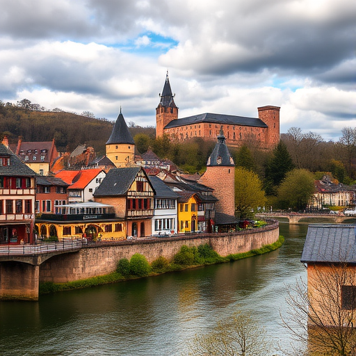 Capture a scenic view of Heidelberg, Germany during springtime, showcasing the town's colorful buildings alongside the Neckar River with the castle in the background, use a DSLR camera with a 24mm lens, aperture at f/8, ISO 100, shutter speed 1/125 sec, and a slight HDR effect for enhanced detail in the clouds and shadows.