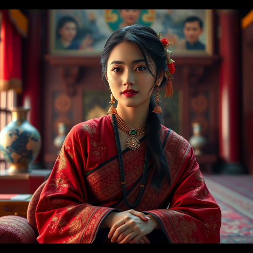A beautiful Nepali woman in traditional East Asian attire, intricately detailed with embroidered patterns, sitting gracefully in a richly decorated room, soft ambient lighting, serene and elegant, ultra-realistic, 8K resolution