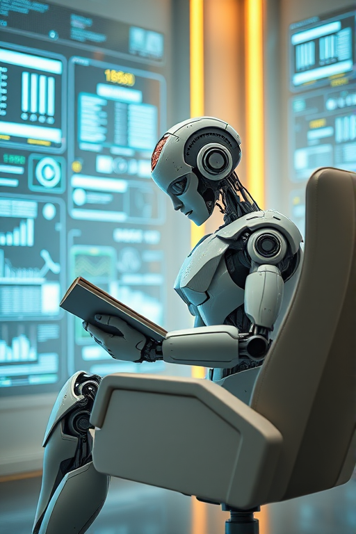 A futuristic robot with a brain, sitting in an ergonomic chair, reading a book amidst holographic screens displaying data, in a softly lit room, using a DSLR camera with a 50mm lens, aperture f/1.8, ISO 100, and a shallow depth of field for enhanced focus on the robot and a blurred background.