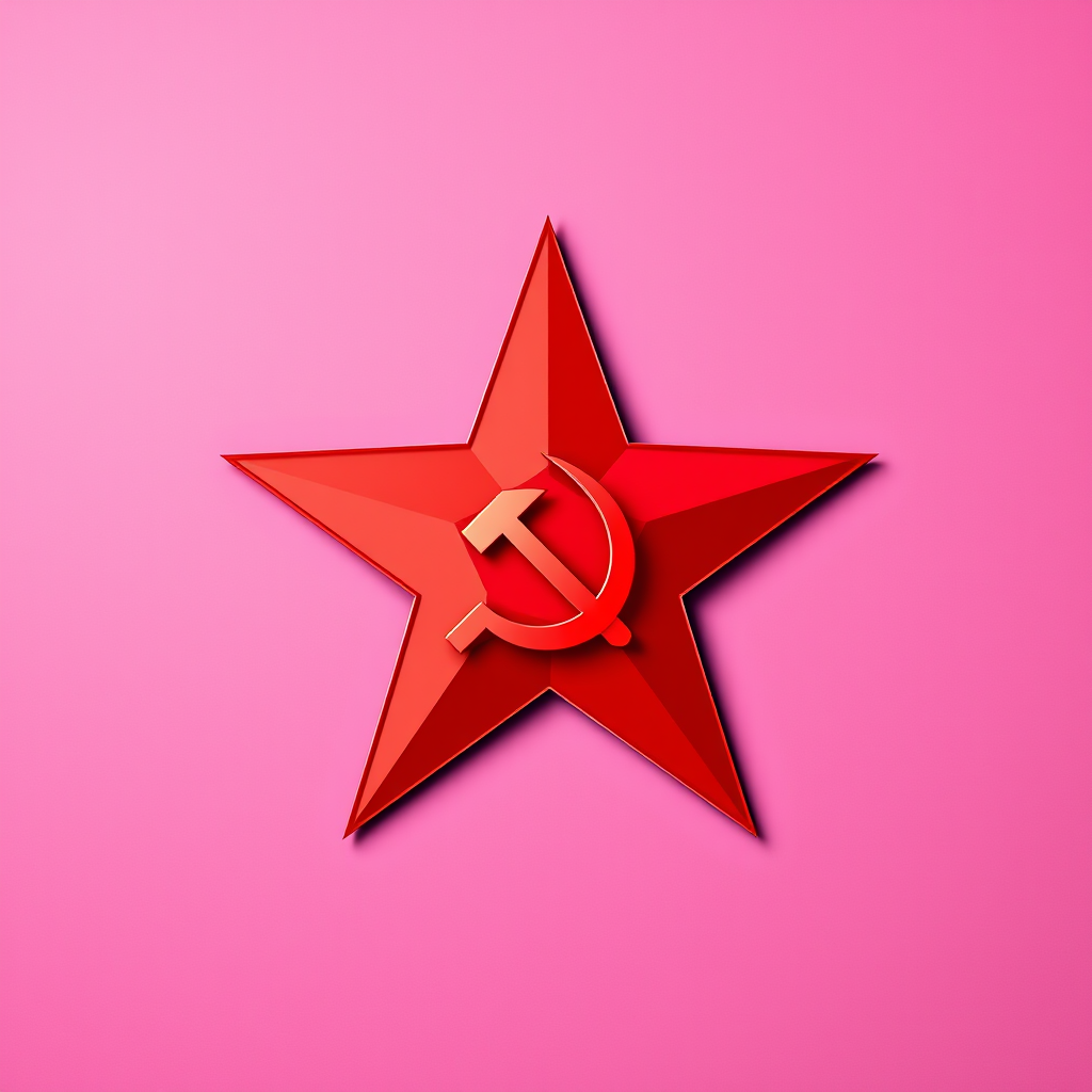Create an image of a red star with a hammer and sickle in the foreground, shot with a Canon EOS R5, aperture f/8, ISO 100, shutter speed 1/125s, in a flat lay view, using a vector art style for high clarity and vibrant colors.