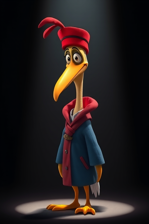 Generate an animated character resembling a tall, slender bird with a long beak wearing a red hat and blue robe, set in a dramatic spotlight with a dark background, using a DSLR camera with a 50mm lens, f/1.8 aperture, ISO 200, and 1/100s shutter speed for enhanced image quality.