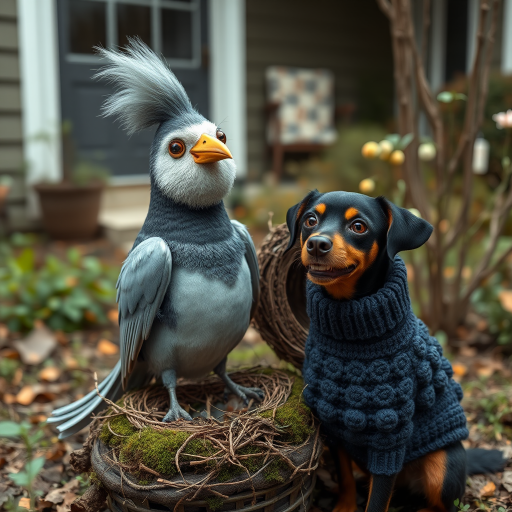 An image of a surreal, whimsical bird, a moss birds nest, sitting nearby is a dog, slightly smiling with a blueberry bobble stitch sweater, muted colors, natural textures, garden at back of house.