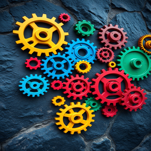 create an image of a colorful gear wall with various sizes of gears in vibrant colors like yellow, blue, red, and green against a dark stone background, using a Nikon D850 camera, f/8 aperture, 24mm lens, and a low-angle perspective to enhance depth and detail