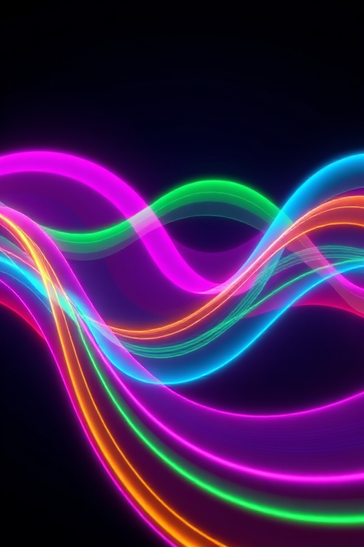 generate a vibrant abstract wave image with colorful flowing lines in neon shades of pink, green, blue, and yellow against a dark background, using a DSLR camera with a 50mm lens at f/1.8, ISO 100, and a slow shutter speed of 1/15s, capturing a high-resolution 4K quality with a wide-angle view and a focus on the fluidity and motion of the lines