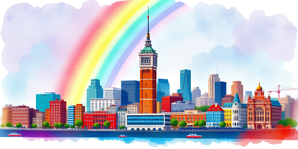 Create a vibrant watercolor illustration of a city skyline, featuring a prominent tower, surrounded by colorful buildings and a rainbow in the background, shot with a Nikon D850 at f/8, ISO 200, 24mm focal length, using a wide-angle lens to enhance depth and detail.