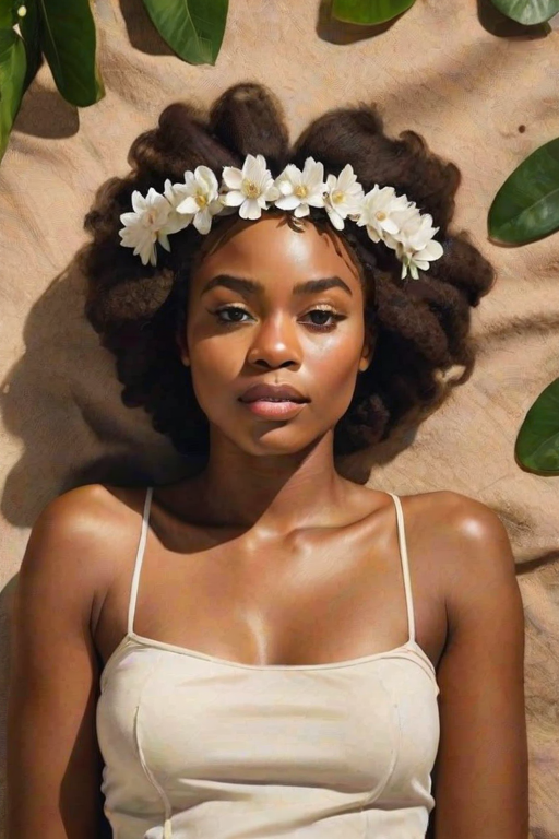 create a watercolor painting of an ethereal portrait of beautiful Igbo woman with a simple white flower crown on her head. Her hair is long and she is lying on the ground. The sunlight on the trees casts shadows from the leaves on her face and body. The background is a neutral brown color that matches her skin tone. The image is minimalist and solid colors. This style is characterized by soft, delicate brushstrokes and a light, airy, contrasting color palette. High level of detail and play of light