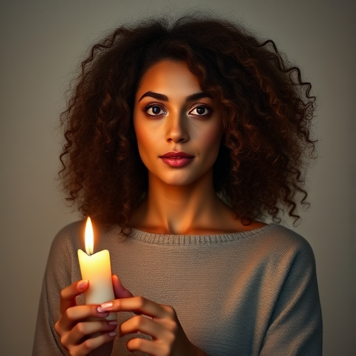 Capture a portrait of a woman with voluminous curly hair holding a lit candle, soft lighting, shallow depth of field, using a 50mm lens at f/1.8, ISO 100, in a studio setting with a softbox for even illumination.