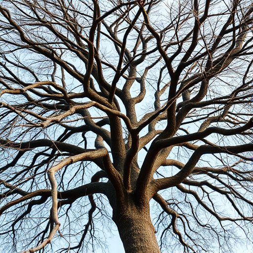 Create a high-resolution image of a stylized tree with intricate branches using a DSLR camera at f/8 aperture, ISO 100, 50mm lens, and a shallow depth of field to emphasize details, captured from a slightly above angle in natural lighting for enhanced texture and contrast.