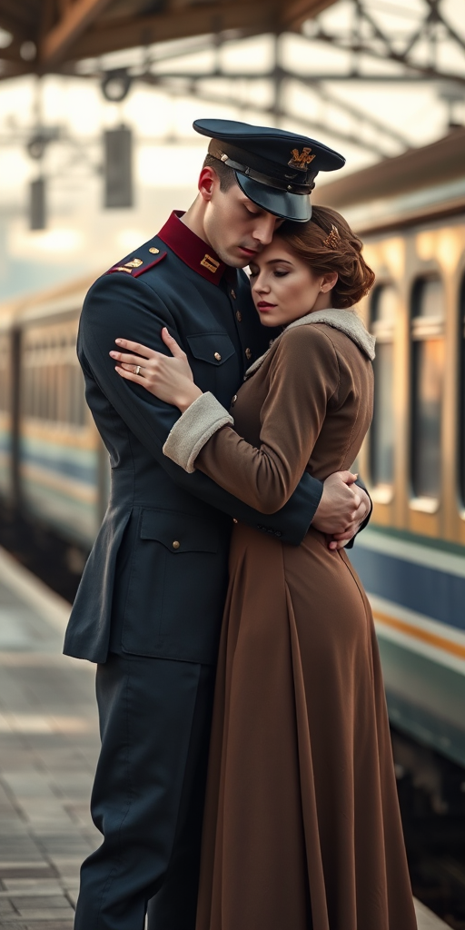 Generate a romantic scene of a soldier in a military uniform embracing a woman in vintage clothing at a train station, captured using a Canon EOS 5D Mark IV, 50mm lens, f/1.8 aperture, ISO 100, soft focus style, and natural lighting to enhance emotional depth and warmth.